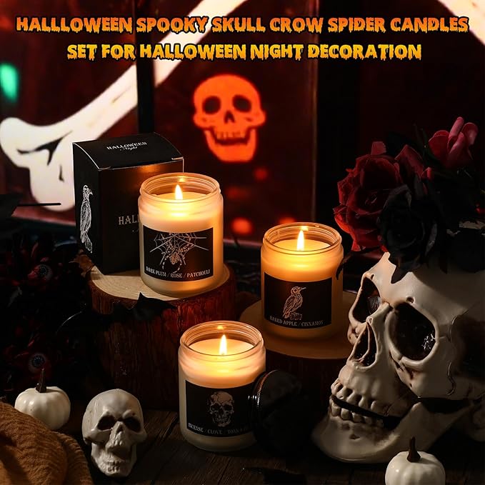3 Pack Halloween Scented Candles Gifts Halloween Spooky Skull Crow Spider Candles Set with Presents Boxes for Home Decor Indoor