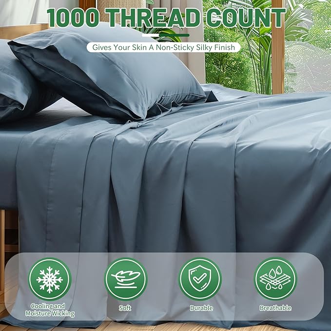 100% Egyptian Cotton Sheets Cal King Sheet Set 4PCS 1000 Thread Count Sateen Weave Soft Breathable 16-Inch Deep Pocket(California King,Dusty Blue)