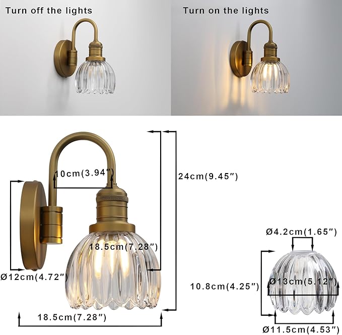 Yosoan Boho Aged Brass Gold Vintage Bathroom Wall Sconce with Flower Shade, 1-Light Indoor Vanity Industrial Hardwired Wall Mounted with Transparent Tulip Shade for Living Room Bedroom(Antique)