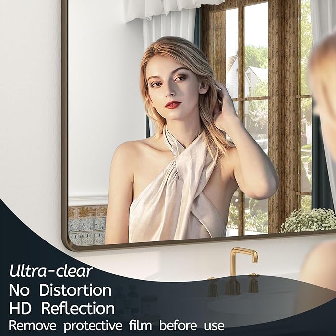 OKPAL 40x36 Bronze Bathroom Mirror, Brushed Metal Bathroom Vanity Mirrors for Wall, Rounded Bronze Rectangle Mirror for Farmhouse, Shatterproof, Anti-Rust (Horizontal/Vertical)