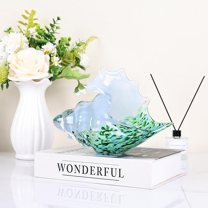 LCCCK Hand Blown Glass Conch Shell Sculpture, Sea Glass Art Figurines, Beachy Room Decor, White and Green Conch Shell Decorative Statues, Sea Shell Coastal Decor for Shelf House Room, Beachy Gifts