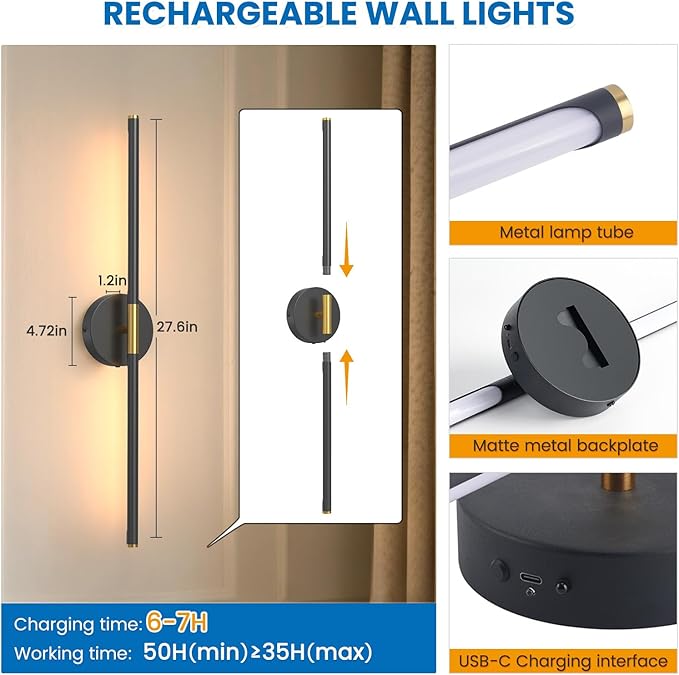NIORSUN 27.6 Inch Battery Operated Wall Sconce Set of 2, Black-Gold Round Base Rechargeable Wall Lights with Remote, 3CCT Dimmable Wireless Wall Sconces for Living Room Bedroom Hallway