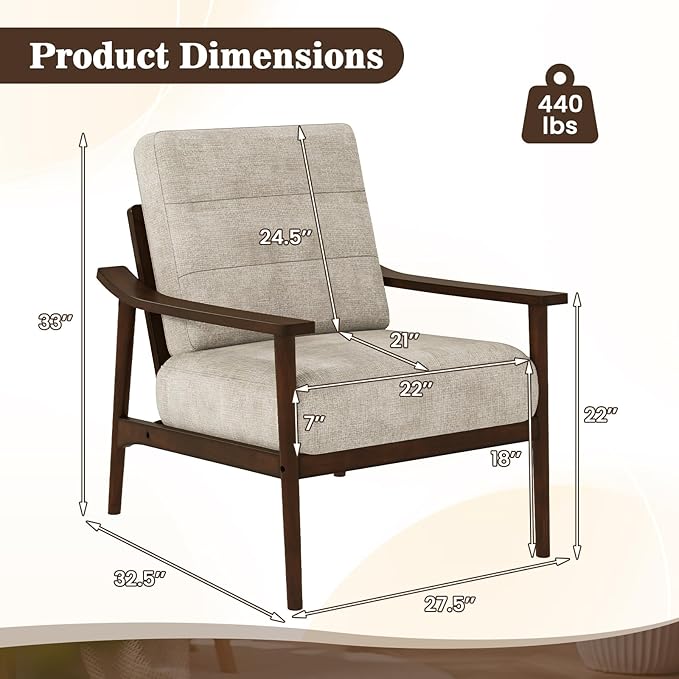 Giantex Mid Century Modern Accent Chair Set of 2, Max Load 440 LBS Upholstered Living Room Chair w/Rubber Wood Armrests & Legs, Removable Back Cushion, Comfy Reading Arm Chair for Bedroom