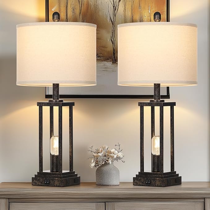 27" Tall Farmhouse Table Lamps with Night Light, Bronze Industrial End Table Lamp for Living Room, Rustic Bedside Lamps Set of 2 with USB C+A Ports & AC Outlet, Vintage Bedroom Lamp for Nightstand