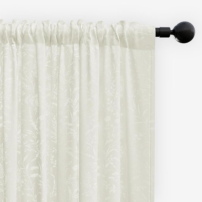 Anmao Cream Semi Sheer Light Filtering Curtains 54 Inches Long 2 Panels, Leaf Pattern Drapes for Living Room Bedroom, Rod Pocket Privacy Window Treatments with Floral Design, 52x54 Inch, Ivory