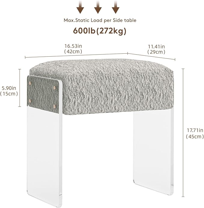 Soft Fluffy Stool, Modern Acrylic Footstool with Upholstered Seat, Fluffy Stool for Living Room Bedroom (Grey)