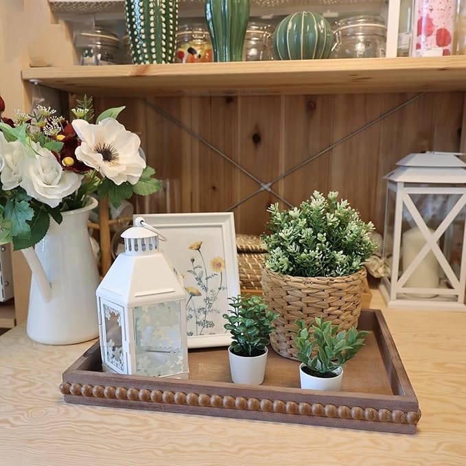 Wood Decorative Tray, Distressed Outdoor Serving Tray with Wooden Bead for Ottoman, Coffee Table, Entertaining, Home Decor, Rectangular 15.7”*11.8”*1.57” (Retro Brown)