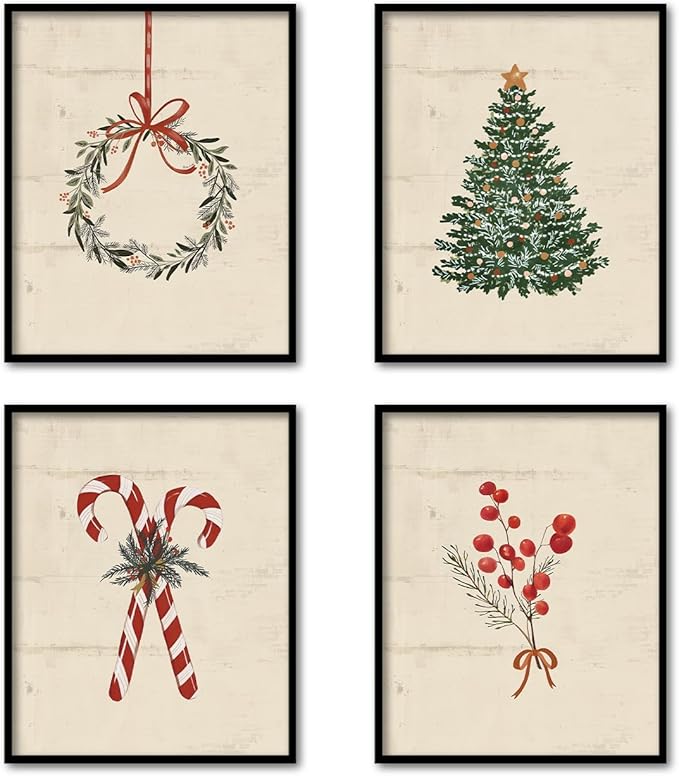 TFKFJLF Vintage Christmas Tree Wall Art Poster Decor, Candy Cane Painting Pictures Decor Wall Art, Rustic Christmas Decorations for Bedroom Bathroom Living Room Office, Unframed 8x10in Set of 4