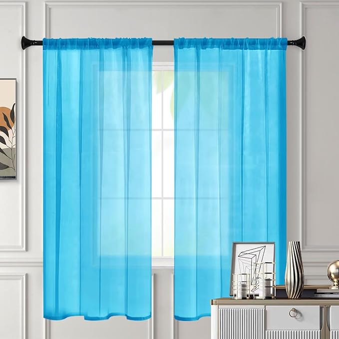 Sheer Curtains 45 Inches Long 2 Panels, Rod Pocket Short Curtain for Kitchen, Bedroom, Cafe Window(Cyan Blue 38" W x 45" L)