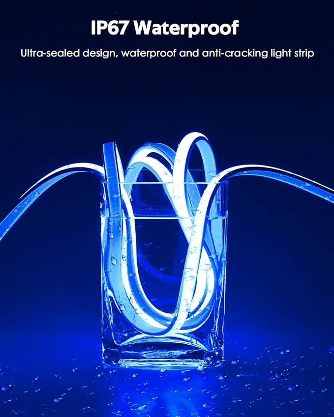 Blue COB LED Strip Lights Outdoor Waterproof 120V 65.6FT COB LED Rope Lights Indoor Super Bright Flexible LED Tape Lights with Switch Plug in 288Leds/M for Indoor Exquisite Wall Decor 20M