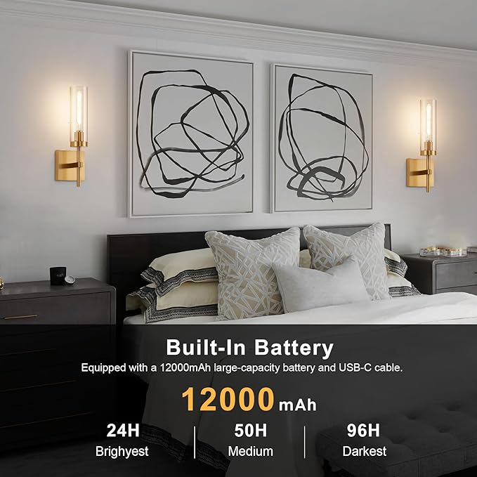 Gold Battery Operated Wall Sconce Set of 2, Wireless Wall Sconces with Remote Control, Rechargeable LED Dimmable Wall Light for Bedroom Bathroom Hallway Living Room Entryway Stairwell, 3000K
