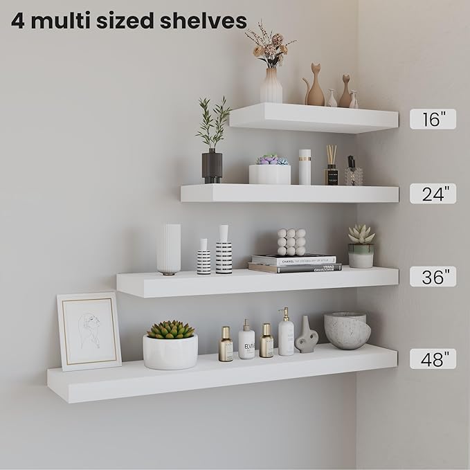 Vivelove Wooden Floating Shelves for Wall 16” x 8”x 1.4”, Bathroom Shelf Over The Toilet with Invisible Brackets, Unfinished Wall Shelves for LivingRoom, Kitchen, Bedroom, Home Decor, Set of 2 - White