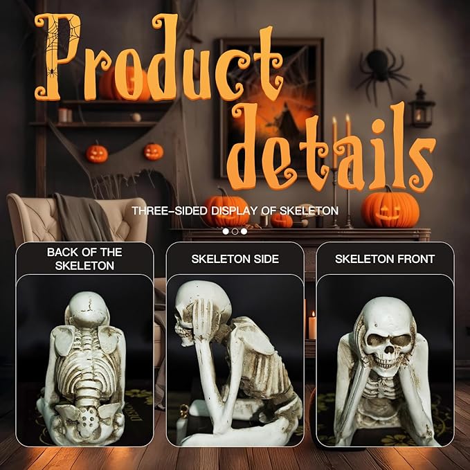 Halloween Skeleton Statues Set of 3 – See No Evil, Hear No Evil, Speak No Evil, Resin Skull Figurines for Gothic Home Decorations, Shelf Mantel Decor, Tabletop Halloween Decor Indoor (Hear no Evil)