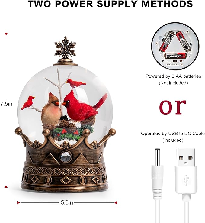 Cardinal Christmas Snow Globe, Lighted 2 Cardinal Musical Water Lantern with Swirling Glitter, Christmas Holiday Party Gifts and Decorations