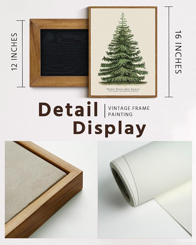 VIYYIEA Framed Canvas Wall Art, Vintage Christmas Decor, Living Room Botanical Fir Pine Tree Winter Decor for Bedroom Bathroom, Xmas Holiday Decorations Gifts, 12x16 Inch