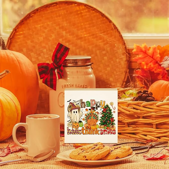 Happy Hallothanksmas Ghost Turkey And Tree Desk Decor Rustic Wooden Box Pumpkin Decor Thanksgiving Halloween Christmas Decorations Farmhouse Decor Harvest Autumn Wood Sign for Home Shelf Tiered Tray