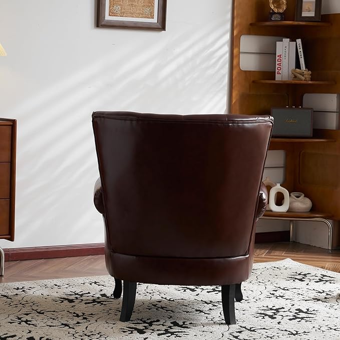 Modern Faux Leather Accent Chair, Upholstered Mid-Century Armchair with Solid Wood Legs, Single Sofa Chair for Living Room, Bedroom, or Reading Room(Reddish Brown)