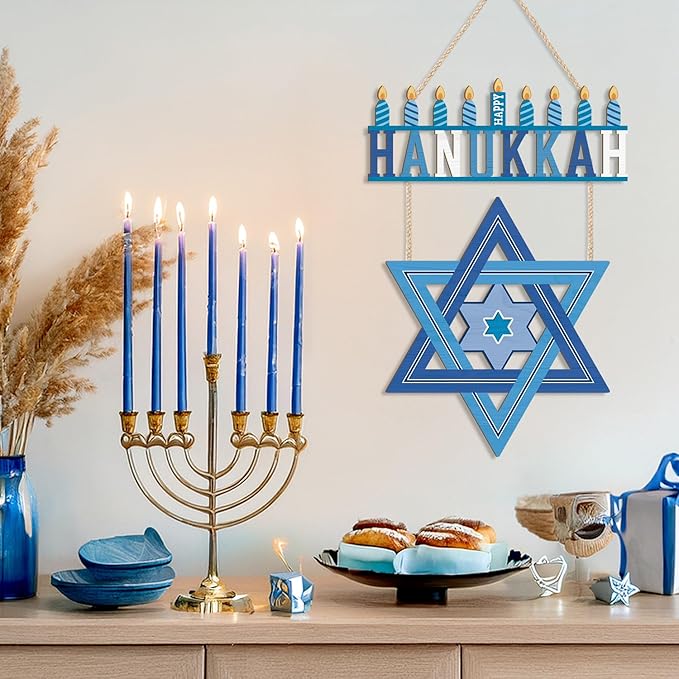 HPNIUB Happy Hanukkah Welcome Door Sign, Chanukah Candlestick Star Wooden Hanging Plaque, Blue Festival Front Door Hanger for Indoor Outdoor Home Porch Window Decor