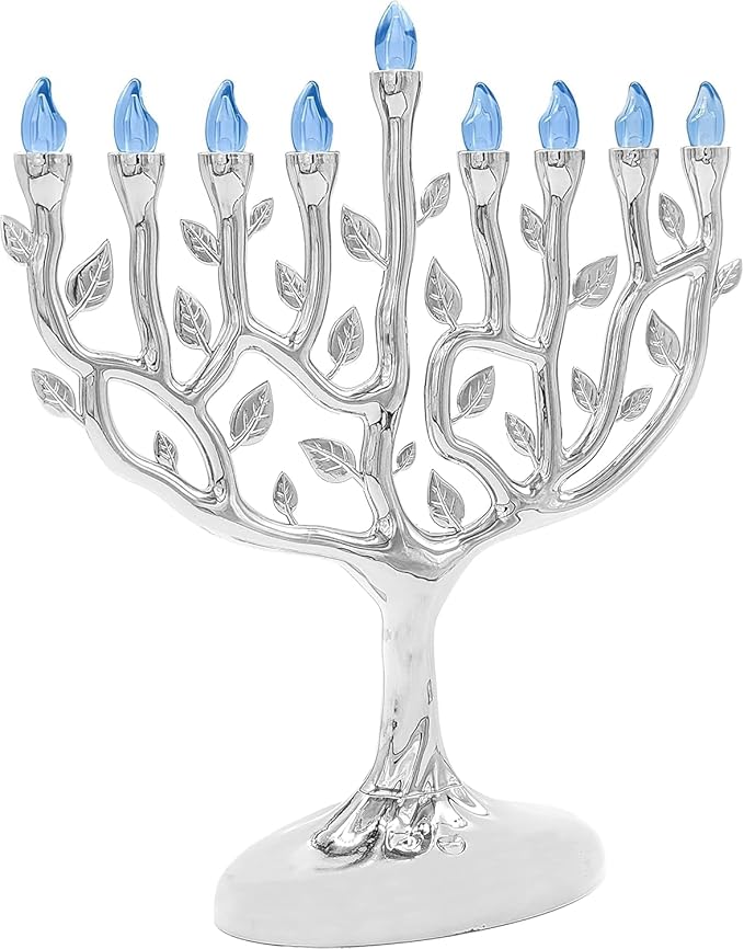 The Dreidel Company LED Electric Silver Hanukkah Tree of Life Menorah - Battery or USB Powered - Includes a Micro USB 4' Charging Cable (3-Pack)