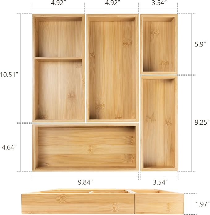 Bamboo Drawer Organizer Set, 5-PCS Adjustable Kitchen & Office Drawer Organizers, Multipurpose Storage Trays for Utensils, Makeup, Jewelry, Bathroom & Desk Accessories