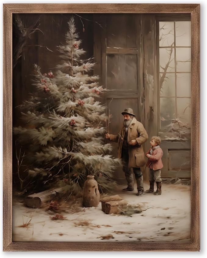 Country Christmas Vintage Painting Print Winter Rustic Wall Art Farmhouse Christmas Holiday Decor Print Christmas Wall Art
