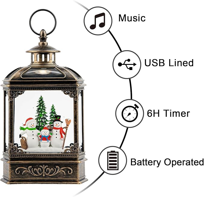 Christmas Snow Globe Lantern Lighted Snowman Family Musical Water Globe with Swirling Glitter, Christmas Holiday Party Gifts and Decorations