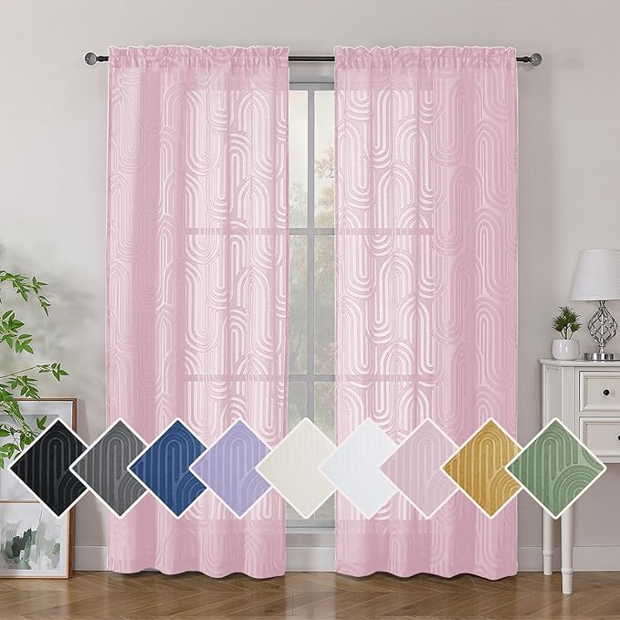 Simplebrand Sheer Blush Pink Curtains 72 Inches Long 2 Panels for Window, Geometric Mid Century Light Filtering Semi Sheer Curtains for Front Back Patio Glass Door with Rod Pocket, 42" Wx72 L