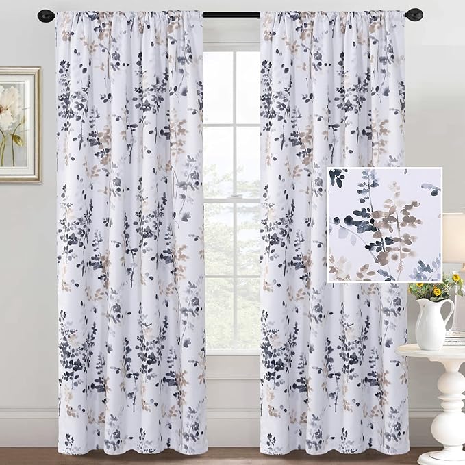 H.VERSAILTEX Floral Curtains 84 Inches Long Printed Pattern Room Darkening Curtains for Bedroom Rod Pocket Window Treatment Curtains, 2 Panels, Classical Floral Bluestone and Taupe