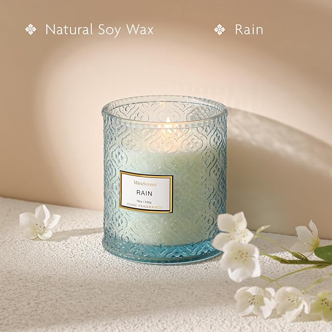 Rain Summer Scented Candles, 19oz Aromatherapy Candles Gifts for Women, Blue Luxury Large Decorative Candles in Glass, Natural Soy Wax for Home