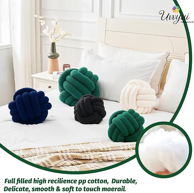 Uvvyui Knot Pillow Ball, Soft Home Decorative Pillows, Round Throw Pillow, Handmade Knotted Plush Pillow, Round Boucle Pillow Cushion (8.6 Inches Dark Green)