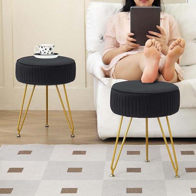 Velvet Vanity Stool Chair, Round Makeup Vanity Chair with Adjustable Metal Legs & Soft Padded Seat, Ottoman Foot Stool for Bedroom, Living Room, Entryway, Black