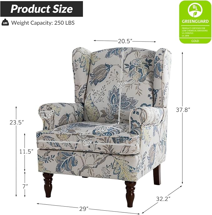 HULALA HOME Wingback Accent Chair with Retro Wood Legs, Traditional Fabric Armchair for Living Room Bedroom, Comfy Upholstered Single Sofa Chair Reading Chair with Unique Pattern Design, Blue