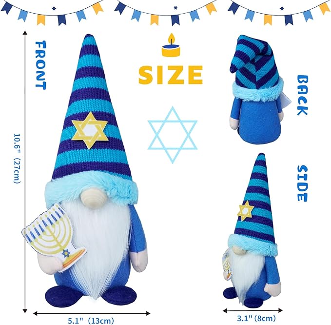 Hanukkah Gnomes Decorations for Home- Jewish Gifts Plush Gnome with Chanukah Menorah- Hanukkah Decorations Indoor for Office, Party, Tiered Tray Decor