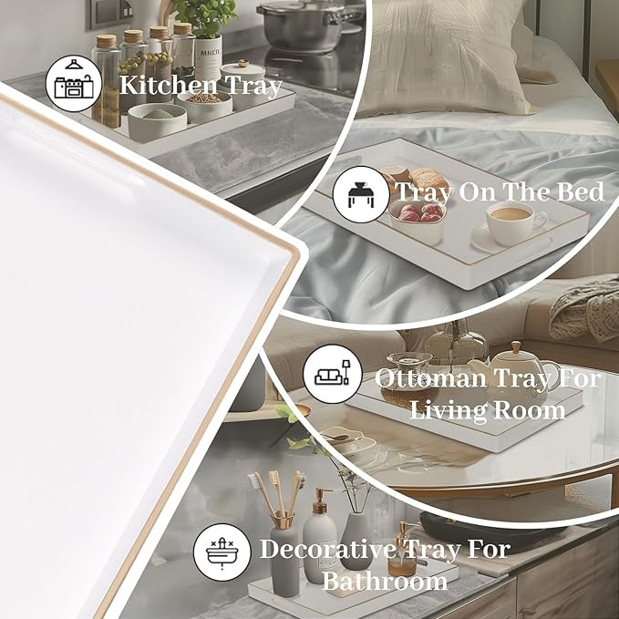 MAONAME White Decorative Tray for Coffee Table, Modern Serving Tray with Handles, Plastic Rectangular Tea Tray for Ottoman, Bathroom Decor, 15.8” X 10.2” x1.4