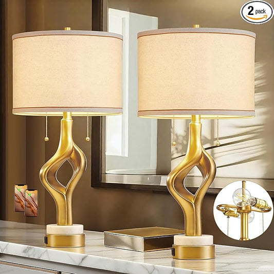 26” Modern Table Lamp Set of 2 for Living Room Bedroom, Gold Sculptural Table Lamp with 2 USB Ports, Resin Desk Lamps Marble Base with Double Pull Chains for Bedside End Tables, Bulb Included