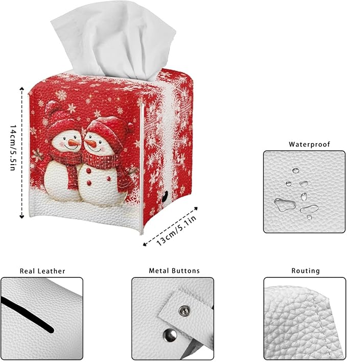 Cute Snowman Tissue Box Holder Square PU Leather Tissues Cube Box Cover Christmas Modern Decorative Facial Napkin Holder Case for Car Kitchen Bedroom Bathroom