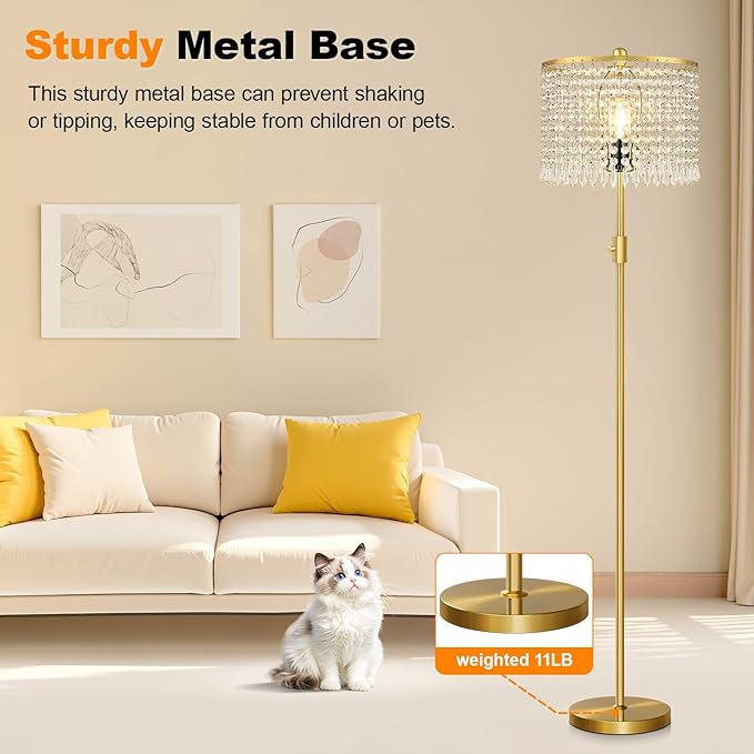 【Upgraded】 Floor Lamps for Living Room, 1000LM LED Bulb Included, Dimmable Standing Lamp with Crystal Lampshade, Tall Gold Pole Light for Bedroom Nursery Office Corner Reading