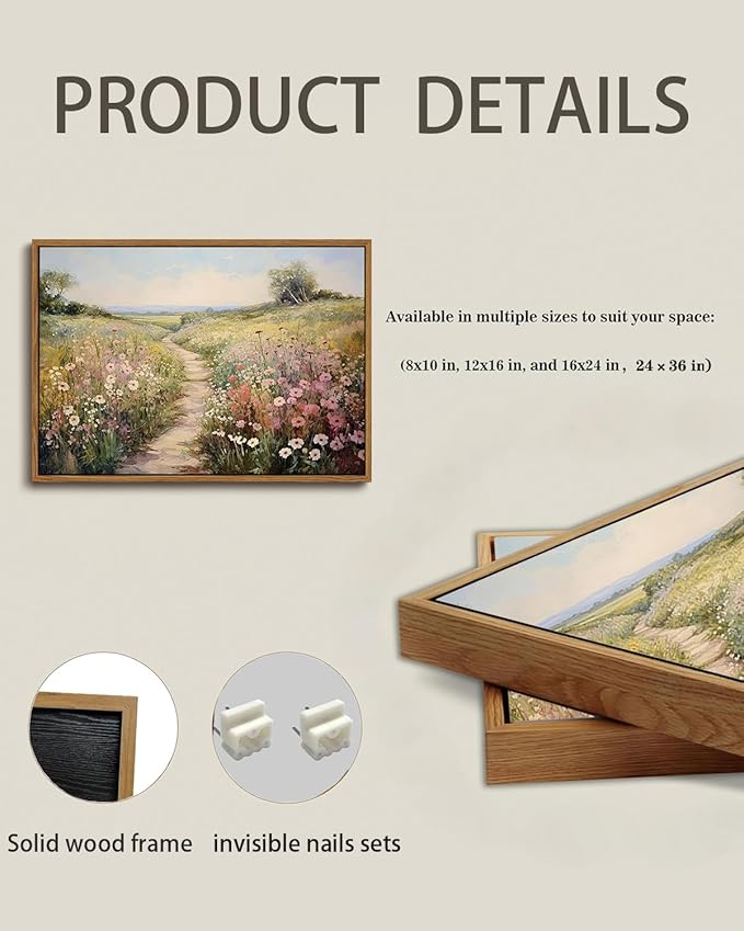 KISSFOX Vintage Wild flower Path Landscape Canvas Wall Art Spring Farmhouse Nature Floral Framed Wall Art Rustic Cottagecore Botanical Painting Art Prints Artwork For Living Room Bedroom Kitchen