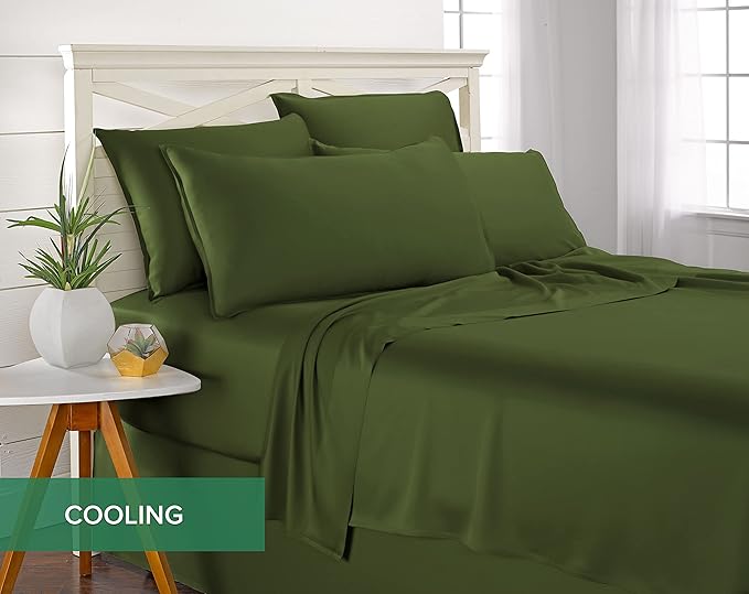 Queen Sheets by Pure Bamboo, Genuine 100% Organic Viscose Derived from Bamboo Bed Sheet Set, Luxuriously Soft & Cooling, Double Stitching, Lifetime Quality Promise (Queen, Pesto)