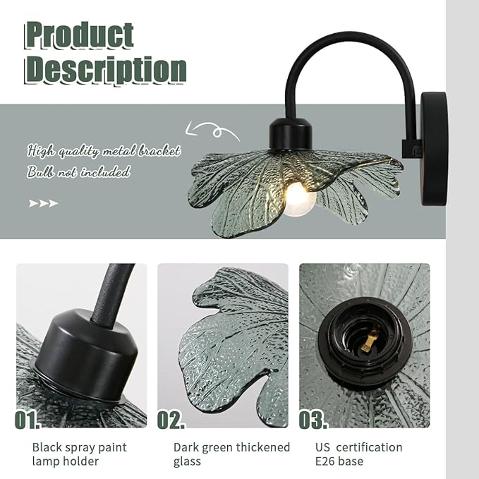 Black Bathroom Vanity Light Vintage Wall Sconce Hand Blown 1-Light Wall lamp Indoor Wall Light with Dark Green Glass Shade Black Vanity Light Over Mirror for Bedroom Hallway Living Room