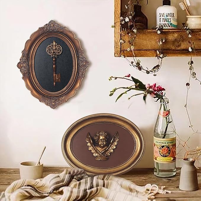 S-MANTIS Vintage Wall Sculpture, Antique Pediment, Hallway Wall Art, Hand Painted Wall Decoration With Embossed Intricate Key Design, Oval Aesthetic Room Décor, Gallery, Unique Gift (Antique Gold-Key)