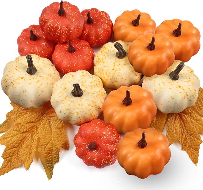 16PCS Artificial Mini Fake Pumpkins Set with Fall Leaves,Foam Plastic Carvable DIY Small White Craft Pumpkins Decor for Thanksgiving Halloween Home Fall Porch Table Decor