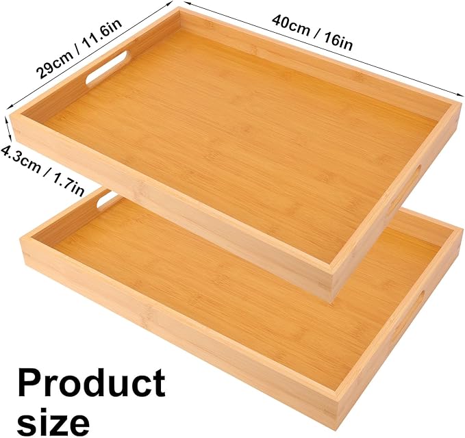 2 Pack Large Bamboo Serving Tray with Handles - 16 x 11.6 Inch Wooden Dinner Tray, Home Kitchen Decorative Tray, Breakfast Trays for Eating on Couch, Lap Trays, Coffee, Kitchen, Picnic