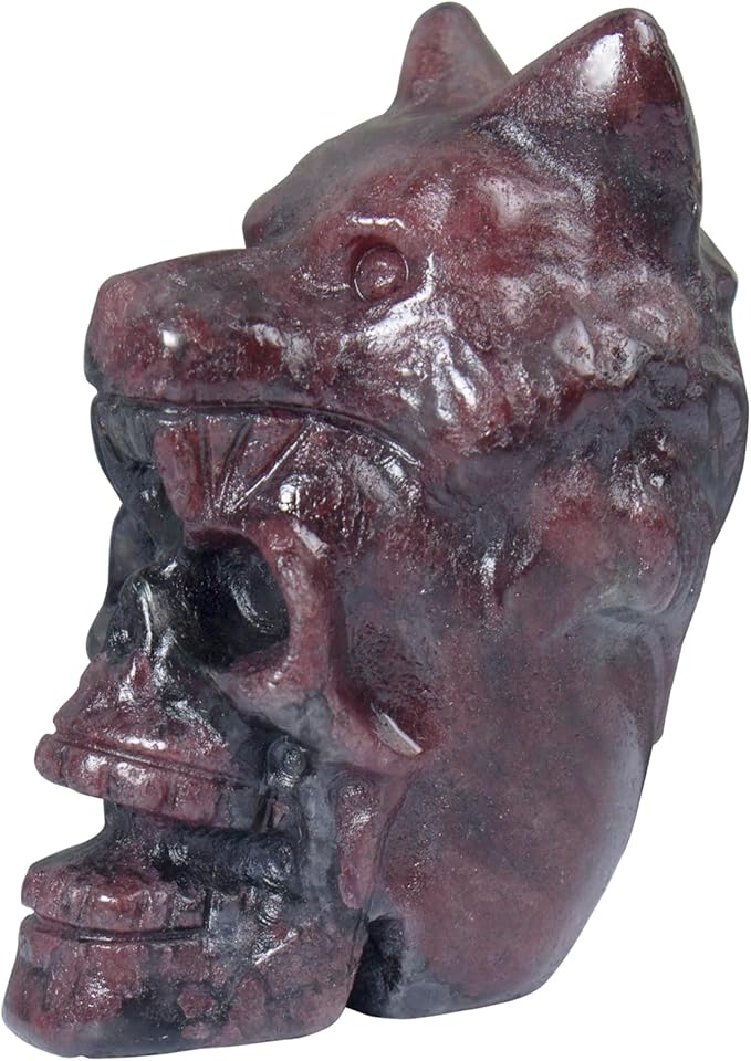 2.17 Inch Crystal Skull with Wolf Head Figurine Decor, Garnet Skull with Wolf Head Statue Decor for Home Office Desk, Hand Carved Healing Crystal Animal Statues Gifts for Women Men