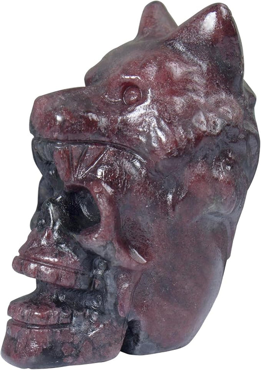 2.17 Inch Crystal Skull with Wolf Head Figurine Decor, Garnet Skull with Wolf Head Statue Decor for Home Office Desk, Hand Carved Healing Crystal Animal Statues Gifts for Women Men
