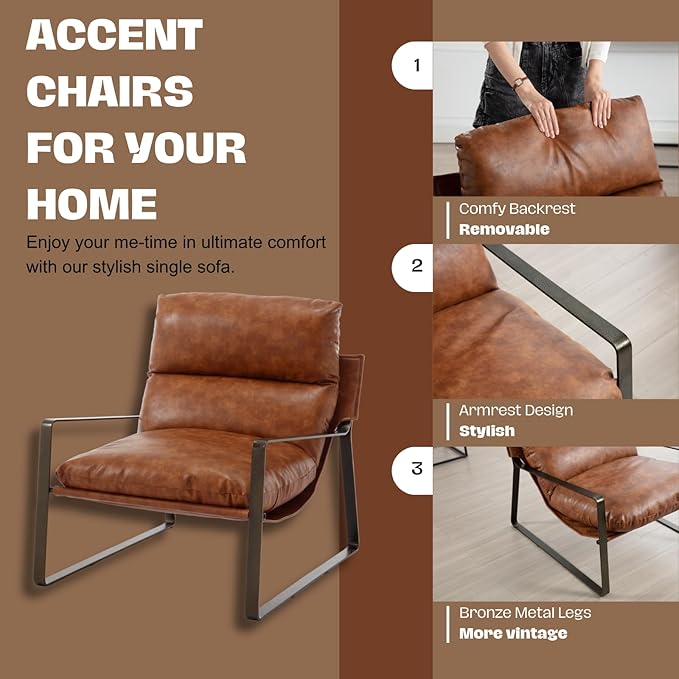 HEAH-YO Modern Accent Chair Set of 1, Upholstered PU Faux Leather Living Room Chair with Bronze Metal Legs, Comfy Arm Side Chair for Bedroom, Brown