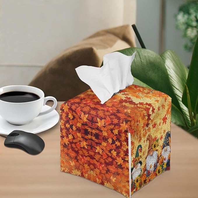 Maple Leaves Elf Tissue Box Holder Square Pu Leather Tissues Cube Box Cover Modern Decorative Thanksgiving Facial Napkin Holder Case for Car Kitchen Bedroom Bathroom