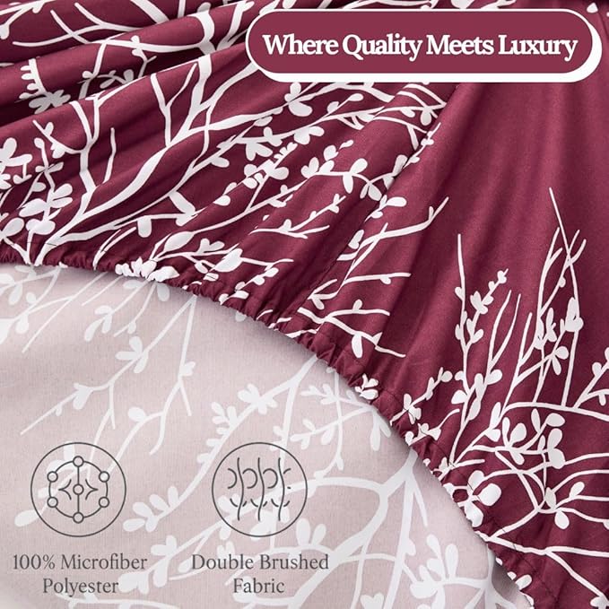 Spirit Linen home Twin Sheets Sets - Pure Microfiber 3 Piece Polyester Bed Sheets, Fitted Sheet & Pillow Cases - Twin Sheets for All Seasons (Foliage Burgundy/White, Twin/Twin XL)