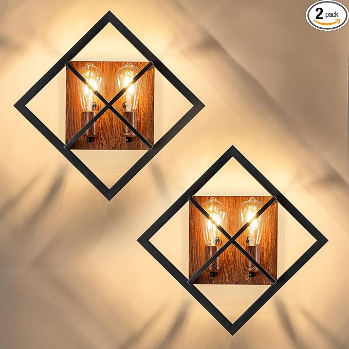 Farmhouse Wall Sconce with Black Finish & Wood Grain, Set of 2 Rustic Wall Sconces Indoor Wall Light Fixtures 17.8in for Stairway, Living Room, Bedroom, Bathroom (2 Light,E26 Base, No Bulbs)