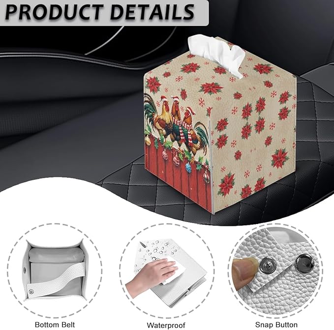 Christmas Tissue Box Holder Square PU Leather Tissues Cube Box Cover Modern Decorative Rooster Poinsettia Facial Napkin Holder Case for Car Kitchen Bedroom Bathroom